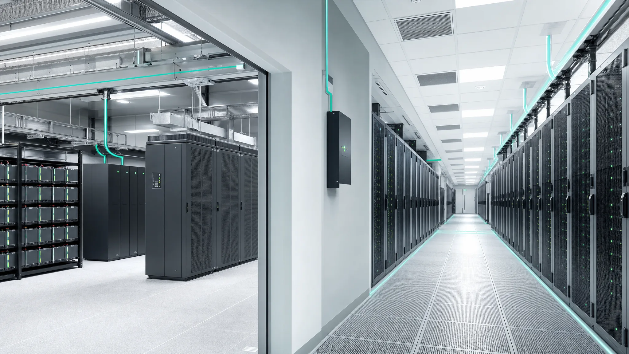 Datové centrum se serverovými racky a redundantní UPS infrastrukturou v konfiguraci N plus jedna