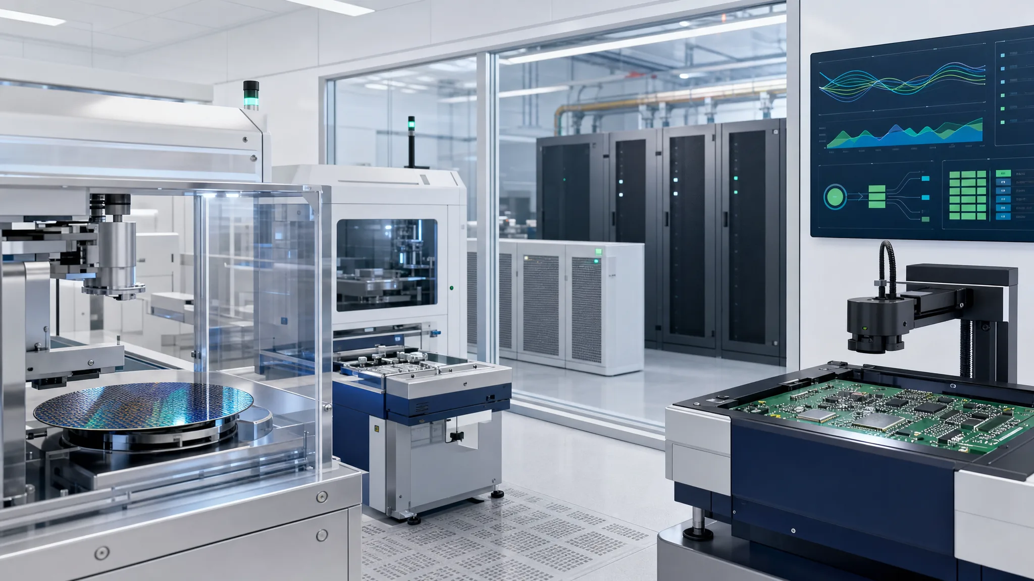 Výroba elektroniky a polovodičů v čistých prostorách – křemíkový wafer a deska plošných spojů